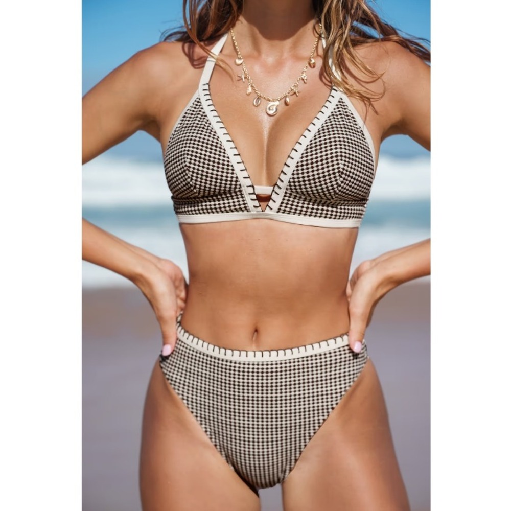 CUPSHE Bikini Set M‎ Black White Checkered High Waist Halter Swimsuit NWT